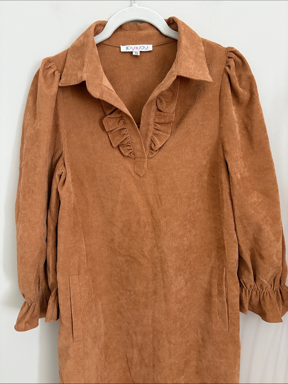 Joy Joy Women's Tan Corduroy Ruffle-Trim Shirt Dress NWOTS